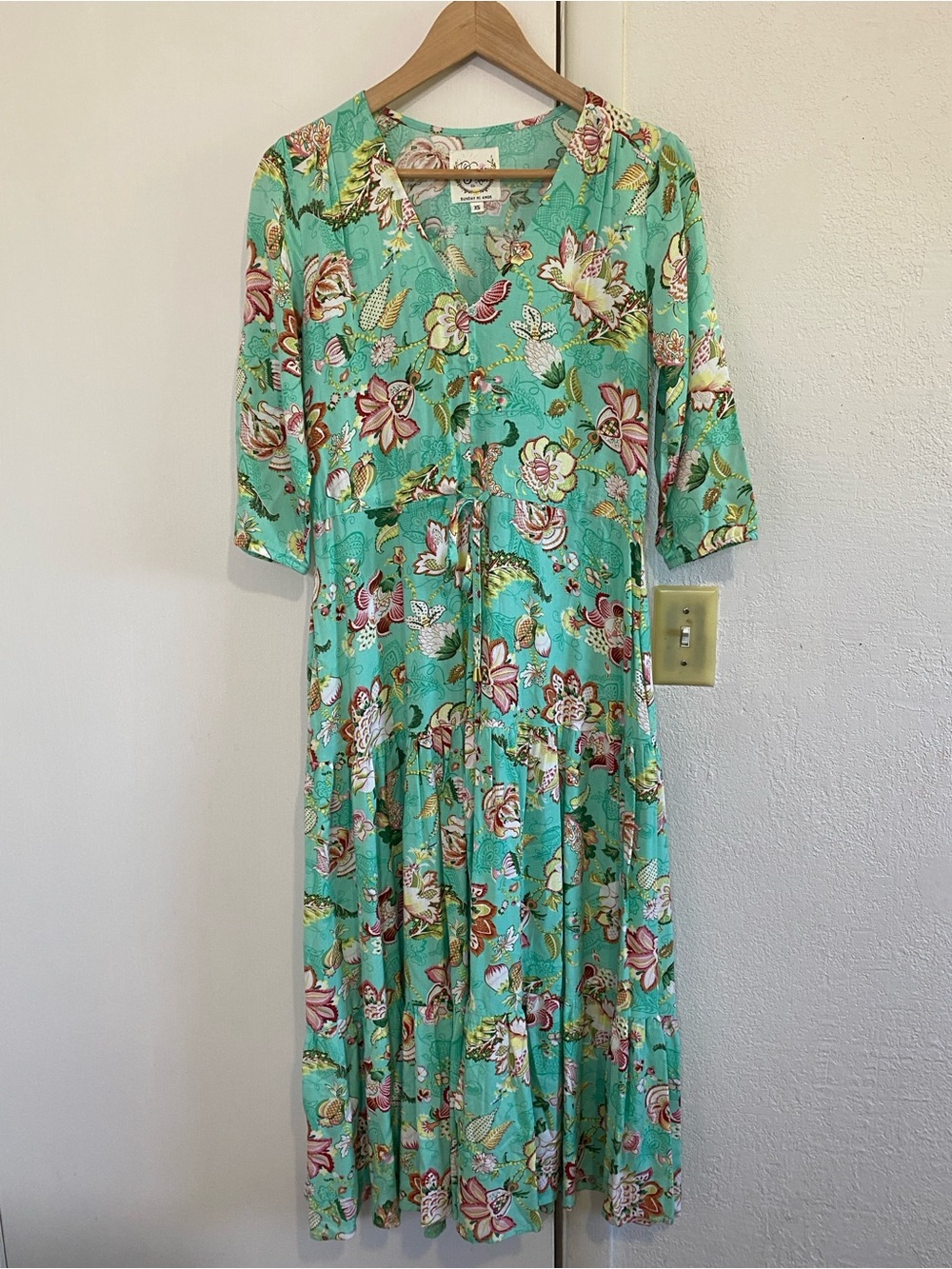 Sunday Mi Amor Floral Boho Midi Tiered Dress Mint Cottagecore Rayon Preppy XS